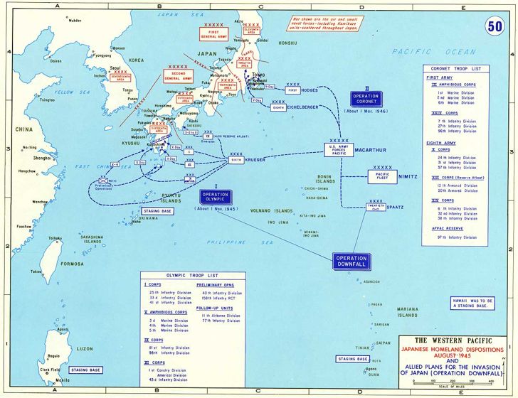 Operation Downfall - planned Allied invasion of Japan - showing Operation Olympic and Operation Coronet phases